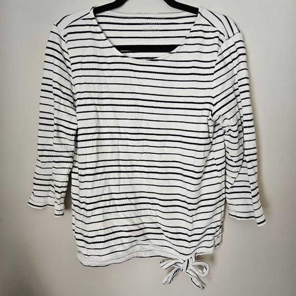 Talbots Top Crewneck Blouse Tie Front 3/4 Sleeve Striped White Black Texture - Picture 9 of 9